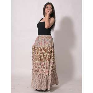 กระโปรงยาวสไตล์วินเทจผ้าฝ้ายปะติดปะต่อพิมพ์ลายบล็อก โบโฮ แม็กซี่สเกิร์ต ทำมือสำหรับผู้หญิง ใส่ไปงานเทศกาล ดีไซน์จีบ ซักได้ - Product Image 3