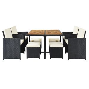 Set da Pranzo da Esterno in Rattan PE Resistente alle Intemperie con Piano in Legno, 8 Posti, Rattan Nero + Cuscini Beige, Set da Giardino 9 Pezzi - Product Image 3