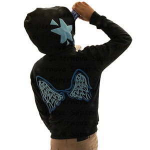 Sweat-shirt à capuche noir pour homme avec logo étoile bleue imprimé sur le devant, coupe classique, en coton tricoté, hiver, uni, délavé, streetwear décontracté - Product Image 2