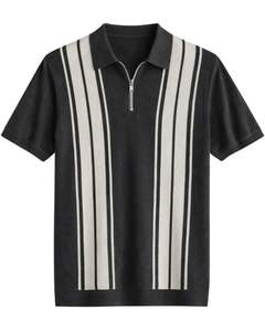 Polo de punto de manga corta para hombre, negro, con cremallera de un cuarto y rayas blancas verticales, informal, personalizado, de verano, del fabricante. - Product Image 1