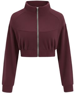 Veste polaire courte zippée bordeaux personnalisée pour femme, sweat-shirt décontracté à manches longues léger, logo personnalisé, fournisseur OEM - Product Image 1