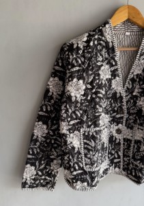 <b>Quilted</b> Floral Print Women's <b>Jacket</b> Three Quarter Sleeve V-Neck Autumn Style Black White <b>Patterned</b> Button Closure gift for her - Product Image 2