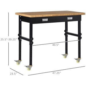 47\" Bamboo Tabletop Workbench with Adjustable Height Legs Drawer and Wheels Home Furniture Garage Tool Table - Product Image 3