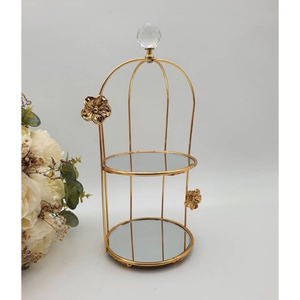 Support à gâteau en métal plaqué or de haute qualité, forme cage à oiseaux, 2 niveaux, plateau miroir, présentoir à desserts, accessoire de décoration pour la maison et l'hôtel - Product Image 1