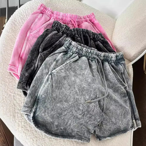 Shorts pour hommes de qualité supérieure, taille mi-haute, délavés à l'acide, style urbain, avec cordon de serrage, longueur genou, séchage rapide, en molleton bouclette - Product Image 2