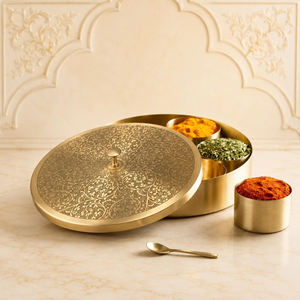 Hand Engraved Brass Masala <b>Box</b> with Seven Compartments Traditional Spice Storage Dabba Kitchen Seasoning Organizer Handcrafted - Product Image 1