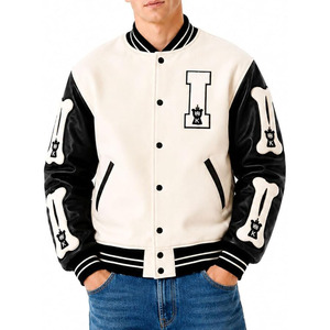 Varsity <b>Jacket</b> for <b>Men</b> – Black and <b>White</b> Wool Letterman <b>Jacket</b> with Leather Sleeves - Product Image 1