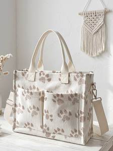 Sac fourre-tout côtelé à imprimé cœur avec poches avant, idéal pour le shopping quotidien et les voyages, sac de courses réutilisable - Product Image 4