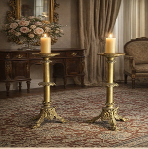 Pair of stunning antique Italian-style gold 3-arm <b>candelabras</b> crafted in decorative urn shape with inset mirror panels Available - Product Image 4
