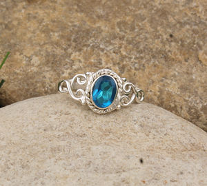 Bague ovale en topaze bleue naturelle, taille brillant, en argent sterling 925, bague de mariage classique pour femme - Product Image 6
