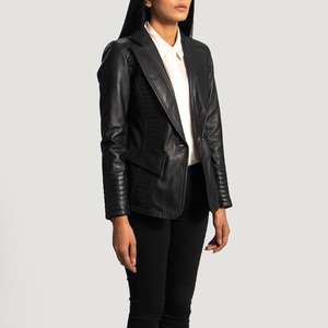 Chaqueta Bomber de Cuero Genuino de Alta Calidad para Mujer, de Secado Rápido, Estilo Motero, Negra, con un Solo Botón, Colores Personalizados con Logotipo, OEM - Product Image 2