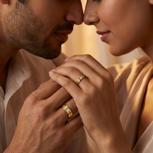 Bagues de mariage en or jaune avec diamant rond, style classique, bagues unisexes - Product Image 3