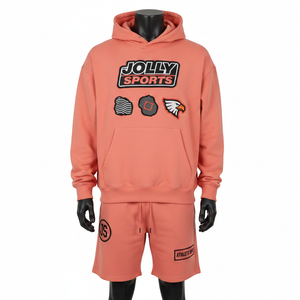 Conjunto de Sudadera con Capucha y Pantalones Cortos para Hombre, 320 GSM, Algodón y Poliéster, Felpa Color Coral Melocotón, Estilo Urbano, Logotipo Personalizado en Tela Tackle Twill - Product Image 1