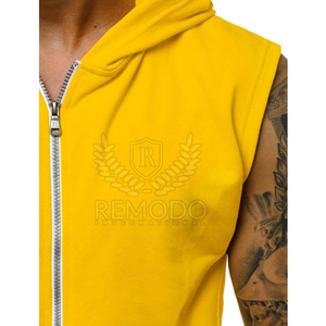 เสื้อกล้ามมีฮู้ดผู้ชายแบบสวมใส่สบาย แห้งเร็ว ผ้าฝ้ายเฟรนช์เทอร์รี่ มีซิปและกระเป๋า  พร้อมโลโก้ด้านหน้าแบบกำหนดเอง - Product Image 5