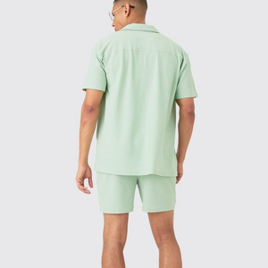 Ensemble chemise et short d'été pour homme, vert menthe uni, 100% coton tricoté respirant, tenue décontractée 280g, logo frontal, col rond - Product Image 6