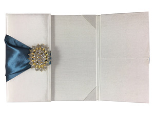 White Silk Wedding <b>Pocket</b> <b>Folder</b> with Rhinestone Brooch | Embellished Gatefold Invitation | Wholesale, Made in Thailand - Product Image 3