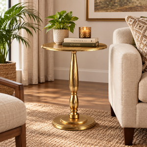 Table d'appoint ronde en laiton doré antique, table de chevet de luxe vintage en métal, table d'appoint décorative en aluminium pour coin de salon - Product Image 5