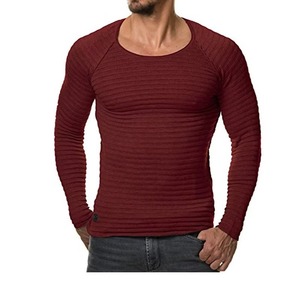Pull décontracté à carreaux pour homme, coupe ajustée, col rond, manches longues, t-shirt musculaire, 240 grammes, polyester/coton, uni, délavé - Product Image 4