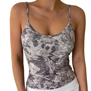 Grey Woodland Print Crew Neck Cami <b>Top</b> Women's Crop <b>Top</b> Slim Fit Soft Cotton Blend Breathable Eco-Friendly Streetwear Shirts - Product Image 6