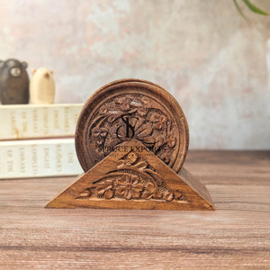 Hand-Carved Wooden <b>Coaster</b> <b>Set</b> With Stand. Antique Floral Embossed Design Round Shape Drink Mats For Rustic Table Decoration - Product Image 1