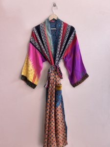 Bata Kimono Larga de Algodón Tejido para Mujer, Manga Larga, Estampado Floral, Ropa de Dormir Informal, Bata de Verano - Product Image 1