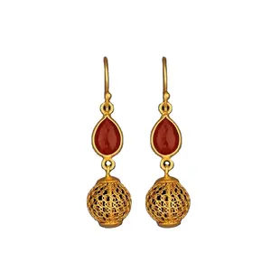 Intricate Filigree Gold Plated 925 Sterling Silver Handmade Earrings with Red Onyx Drop for Women as Casual Wear at Best Price