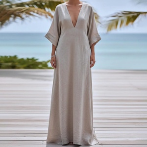 Robe midi trapèze taille haute 100 % coton à manches cloche pour femme, avec poches latérales, style rétro, grande taille, décontractée et respirante – Meilleure vente - Product Image 1