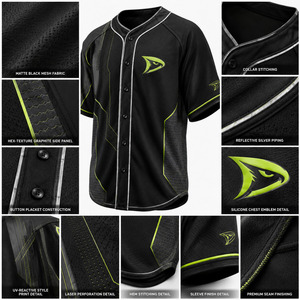 Maillot de baseball noir pour homme, manches courtes, en mesh respirant, anti-bactérien, logo brodé, fermeture boutonnée, coupe classique, sport - Product Image 6