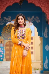 Casual Wear Regular Fit Women Ankle-Length India Pakistan Style Faux Georgette Laheriya Print Work With Kutchi Patchwork Gown - Product Image 1