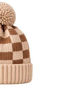 Gorro de Punto a Cuadros Beige Marrón Personalizado, Gorro de Invierno Cálido con Pompón, Gorro de Punto Grueso Unisex, Gorro con Logo Personalizado, Proveedor OEM - Product Image 2