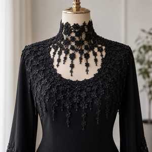 Robe Abaya Noire Brodé Moderne en Crêpe Coupe Droite pour Femme – Élégante, Modeste, Col Montant, Manches Longues, Idéale pour Soirées et Cérémonies, Coupe Naturelle - Product Image 3