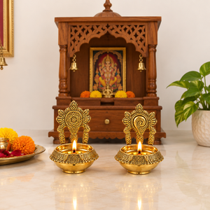 Set of 2 Handcrafted Engraved Brass Diya <b>Lamps</b> Traditional Carved Backrest <b>Oil</b> <b>Lamp</b> Indian Temple Puja <b>Oil</b> <b>Burner</b> Decor - Product Image 4