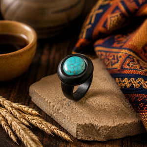 Anillo Vintage Único de Ébano y Turquesa Rikka Joias Lda, Tallado a Mano en Madera Sólida de Pau Preto con Gema Natural, Regalo - Product Image 1