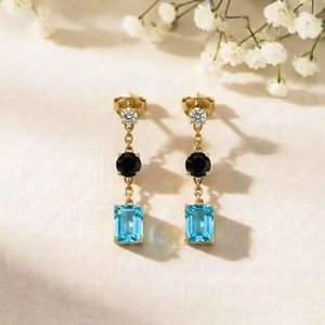 Sky Blue Topaz & Black Obsidian Gemstone <b>Earrings</b> Rectangle Cut Drop Stud <b>Dangle</b> With CZ Accent Elegant Minimal Jewelry Gift - Product Image 1