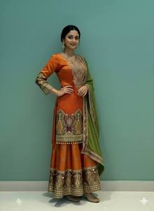 Premium Pure Chinon <b>Silk</b> <b>Kurta</b> Palazzo Set with Digital Print, Real Mirror Hand Work, Embroidery Sequins and Faux Georgette - Product Image 4