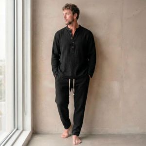 Custom Men's White Linen 2 Piece Set Summer Beach Casual Long Sleeve Henley Shirt - Product Image 5