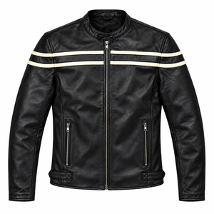 Veste de moto en cuir de vachette noir de qualité supérieure pour homme, respirante, avec pompons, col rabattable, fermeture éclair, style motard - Product Image 1