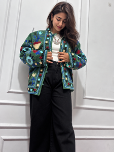 <b>Women</b> Floral Embroidered Mandarin Collar Kimono Style <b>Robe</b> Long Sleeve Full Length Cotton Knitted Autumn Fashion Soft <b>Black</b> - Product Image 1