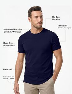 Camiseta de Manga Corta para Hombre, Cuello Redondo, Color Sólido, Corte Regular, Tejido de Punto, Diseño Liso, Largo Extendido, Gris, Azul Marino - Product Image 3