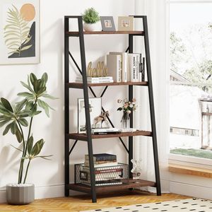 Étagère à 4 niveaux en bois d'acacia massif avec structure en métal noir pour salon, bureau, rangement et présentation à domicile - Product Image 6