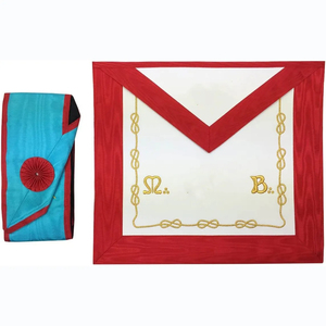 Custom Embroidered Masonic <b>Apron</b> With Gold Omega And B Symbol Red Border <b>White</b> Center Classical Style Garment Badge - Product Image 1