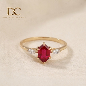 Bague en or massif 14 carats avec diamant de laboratoire et rubis de laboratoire couleur sang de pigeon, bijoux de luxe pour femme pour fiançailles, mariage, anniversaire ou soirée - Product Image 2