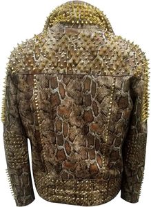 Men's PU Leather Snake Print Motorcycle <b>Jacket</b> With Gold Rivets And Spikes <b>Punk</b> Style Turn-down Collar Zipper Closure Rhinestone - Product Image 5