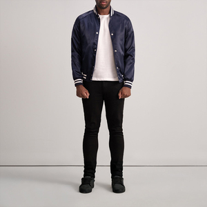 Men's Classic Navy Blue Satin Varsity <b>Jacket</b> Snap Button Shiny Silk Baseball Bomber <b>Jacket</b> Lightweight Casual Slim Fit Outerwear - Product Image 4