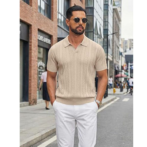 Men’s Beige Knitted Polo Shirt Short Sleeve Textured Stripe Polo Shirt Breathable Fabric Casual Wear OEM ODM Available - Product Image 4