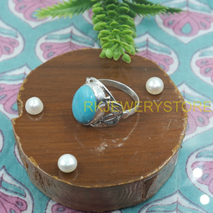 Anillo de Turquesa Natural Ovalada con Diseño de Hoja, Plata de Ley 925, Hecho a Mano, Estilo Boho Vintage, Joyería de Moda, Regalo Unisex para Hombre - Product Image 3