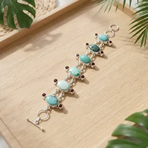 Bracelet en argent sterling 925 fait main avec turquoise tibétaine bleue et grenat pour femmes, bijoux ethniques vintage - Product Image 2