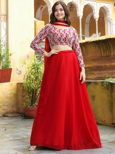 Wedding <b>Red</b> Chiffon Floor-Length Bridesmaid Dress Simple Patterned <b>Crop</b> <b>Top</b> Long Sleeve A-Line Natural Waist O-Neck Classic - Product Image 1
