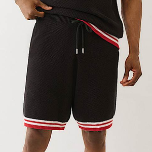 Men's Knitted Bermuda Shorts <b>Black</b> Red White Stripe Drawstring Waist Casual Solid Color Breathable Mesh Fabric - Product Image 3