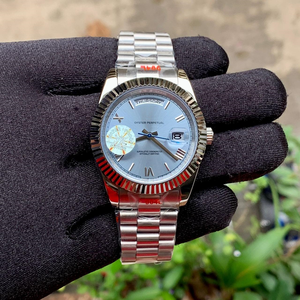 Montre automatique de luxe Hip Hop, édition limitée, haute qualité, lunette cannelée, cadran bleu glace, chiffres romains, acier inoxydable, modèle Président - Product Image 2